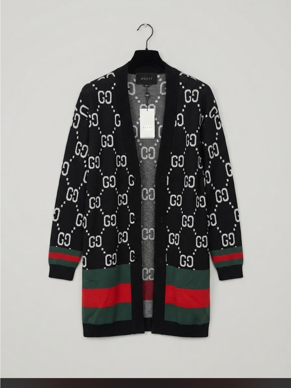 NWT FASHION Black Wool GG Open-Front Cardigan with Green & Red Stripes